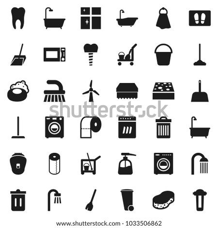 Flat vector icon set - soap vector, cleaner trolley, broom, fetlock, mop, scoop, bucket, sponge, towel, trash bin, welcome mat, bath, liquid, shining window, toilet paper, shower, microwave oven