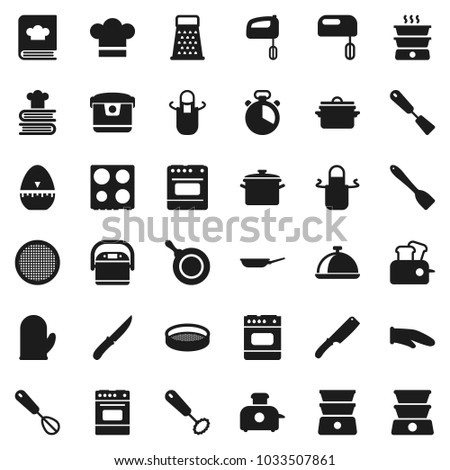 Flat vector icon set - pan vector, cook hat, apron, glove, timer, whisk, spatula, knife, grater, oven, double boiler, cookbook, sieve, dish, mixer, multi cooker, toaster