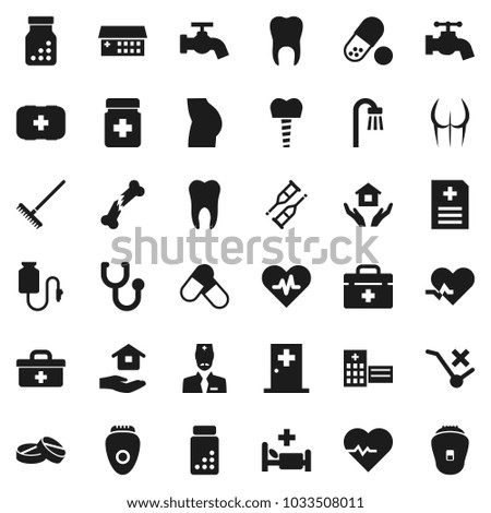 Flat vector icon set - rake vector, water tap, house hold, heart pulse, pills vial, buttocks, first aid kit, no trolley, doctor bag, crutches, broken bone, stethoscope, bottle, anamnesis, building