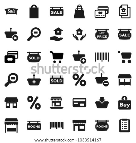 Flat vector icon set - house hold vector, cart, credit card, office, cargo search, estate document, sale signboard, rooms, sold, low price, shopping bag, percent, market, store, buy, barcode, basket