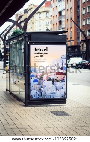 travel advertising billboard on bus station