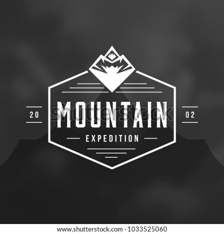Mountains logo emblem vector illustration. Outdoor adventure expedition, mountains silhouette shirt, print stamp. Vintage typography badge design.