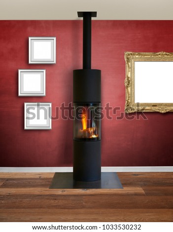 Modern interior with modern wood burner against textured red wall