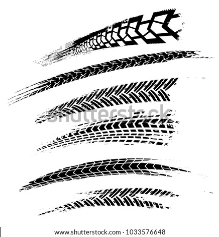 Motorcycle tire tracks vector illustration. Grunge automotive element useful for poster, print, flyer, book, booklet, brochure and leaflet design. Graphic image in black color on a white background. Royalty-Free Stock Photo #1033576648