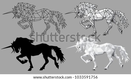 Unicorn polygon with bowed head on the grey background. Four versions of the silhouette of a unicorn.