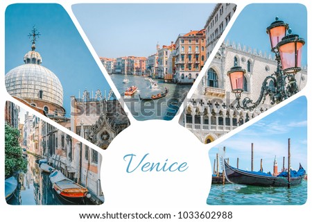 Photo collage from Venice - gondolas, canals, street lights with pink glass, Dodge Palace, set of travel pictures, Venice, Italy. Royalty-Free Stock Photo #1033602988