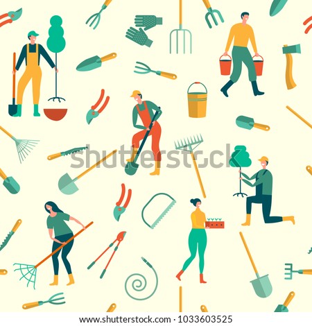 People working in garden design elements and icons in flat style. Seamless pattern