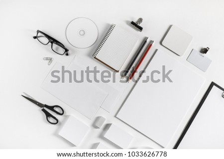 Blank stationery set on white paper background. Template for branding identity. For graphic designers portfolios. Flat lay.