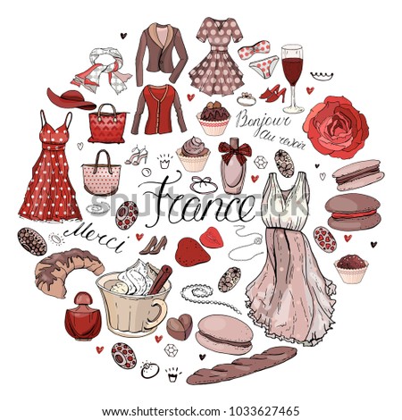 Circle made of different symbols related to France, travelling and Paris. Red and brown color. Round template for greeting cards isolated on white