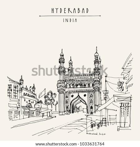 Hyderabad, Telangana state, India. Charminar - famous historical mosque. Travel sketch. Vintage hand drawn Ramadan Kareem or Idul Fitri celebration postcard or poster. Vector book illustration Royalty-Free Stock Photo #1033631764