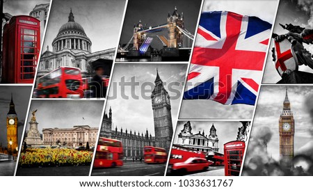 Collage of the symbols of London, the UK. Red buses, Big Ben, St Paul's Cathedral, St George dragon statue, Buckingham Palace, telephone booth, and the Union Jack flag. Traditional England in vintage