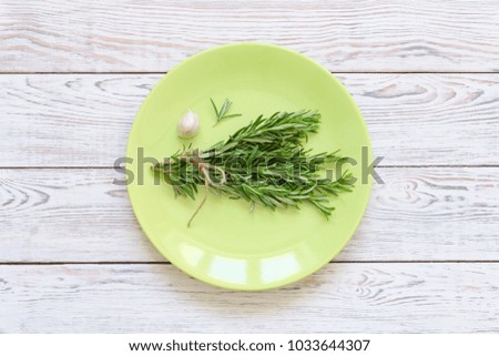 Bunch of rosemary with garlic on green plate. Overhead shots
