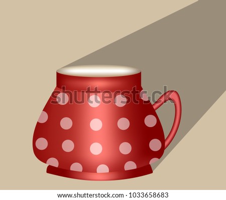 Traditional ceramic coffee cup, red with white dots, rural design.