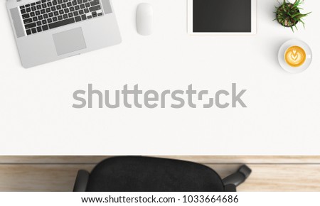 Modern workplace with coffee cup and smartphone or laptop copy space on office table background. Top view. Flat lay style