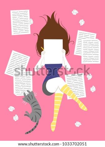 Illustration of a Girl Writing a Story Possibly About Herself with Her Cat