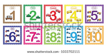 Learning numbers, mathematics with cars (transport). Flash cards with numbers from 1 to 10, set. Game for children.