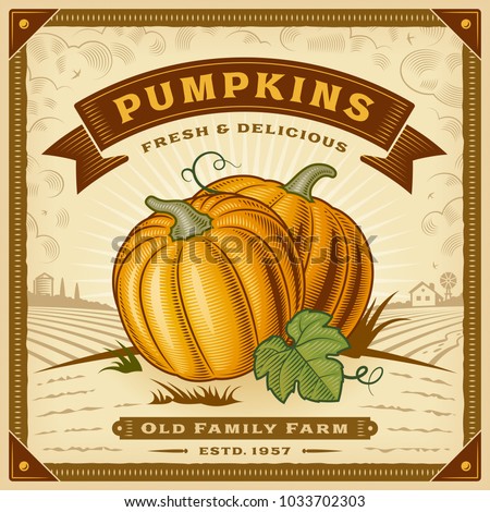 Retro pumpkin harvest label with landscape. Editable EPS10 vector illustration in woodcut style with clipping mask and transparency.