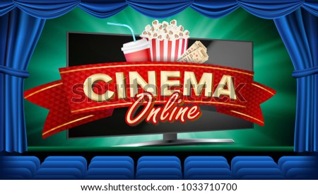 Online Cinema Banner Vector. Realistic Computer Monitor. Movie Brochure Design. Template Banner For Movie Premiere, Show. Blue Curtain. Theater. Marketing Luxury Poster Illustration.
