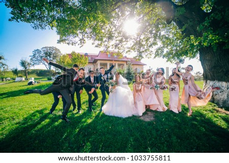 Newlywed couple, bridesmaids & groomsmen having fun outdoors. Bride and groom with best friends posing at sunny green park. Summer picture.