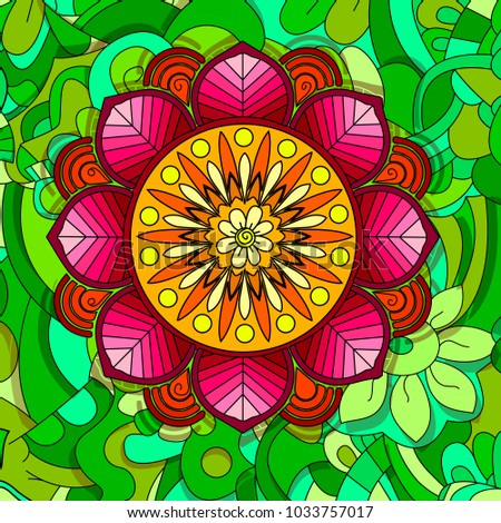 Colored floral design element in doodle line style. Decorative composition with flowers, leaves and swirls. Elegant natural motif. Coloring book page. Vector contour illustration.