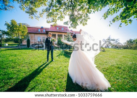 Bride and groom in a park kissing.couple newlyweds bride and groom at a wedding in nature green forest are kissing photo portrait.Wedding Couple