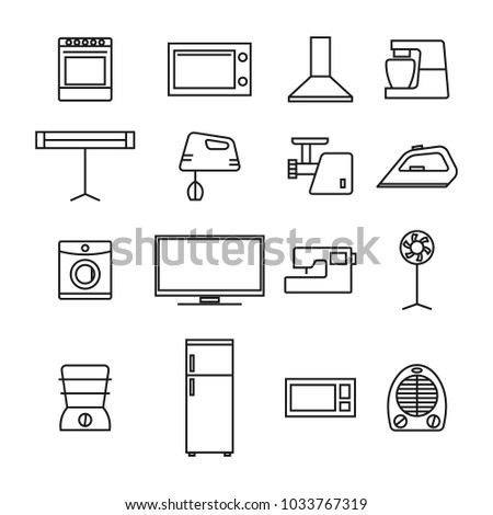 Set of different elements of household appliances from thin lines, isolated on white background, vector illustration.