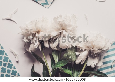 Lone beige peony on white background. Flat lay, top view