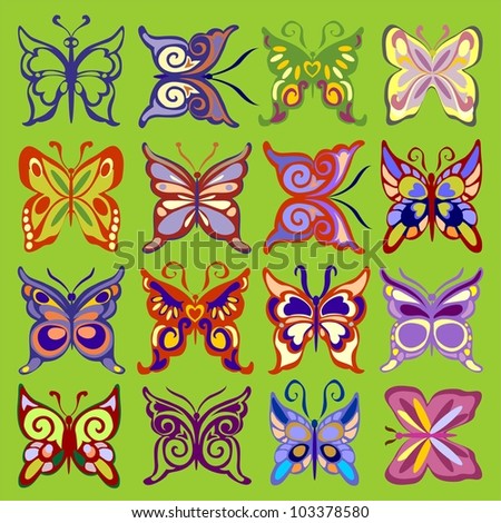Set of Color Butterflies on Green Background, Raster Version