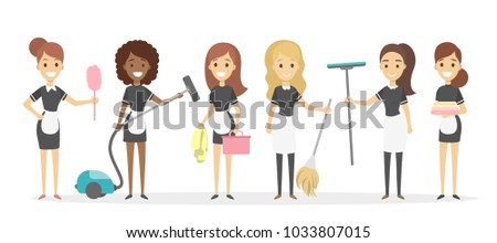 Cleaning service set. Different maids with equipment. Royalty-Free Stock Photo #1033807015
