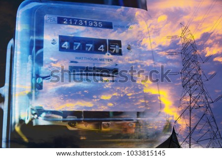 Electric power meter measuring power usage with High voltage post. Watt hour electric meter measurement tool. Royalty-Free Stock Photo #1033815145