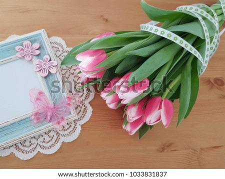 Flower bouquet with vintage frame, Spring flowers, Tulips, Butterflies