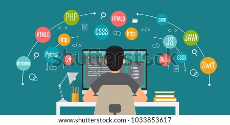 programming banner, coding, best programming languages, flat illustration concept Royalty-Free Stock Photo #1033853617