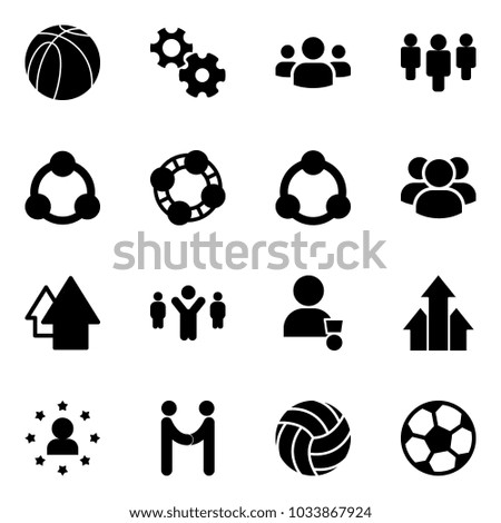 Solid vector icon set - basketball ball vector, gear, group, social, friends, community, arrow up, team leader, winner, arrows, star man, agreement, volleyball, soccer