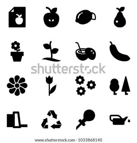 Solid vector icon set - diet list vector, apple, lemon, pear, flower pot, sproute, coconut cocktail, banana, tulip, forest, water power plant, recycling, oiler
