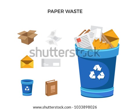 Modern Blue Recycle Paper Waste Garbage Bin And Trash Object Illustration Set, Suitable For Illustration, Book Graphics, Icons, Game Asset, And Other Recycle Related Activities.