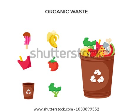 Modern Brown Recycle Organic Waste Garbage Bin And Trash Object Illustration Set, Suitable For Illustration, Book Graphics, Icons, Game Asset, And Other Recycle Related Activities.