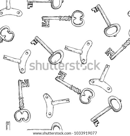 Uncolored vector seamless pattern with vintage keys.