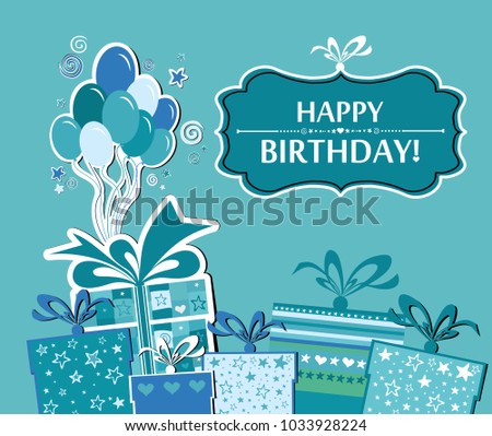 Happy Birthday! Greeting card. Celebration mint background with gift boxes, balloon and place for your text. Vector Illustration