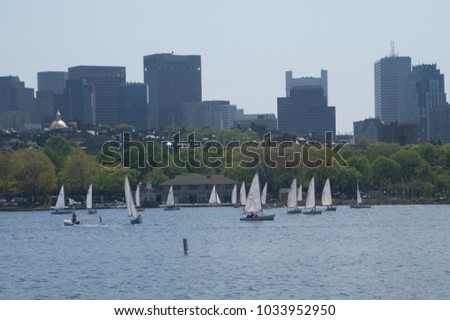 Sailboats on the Charles River, view from Cambridge looking towards Boston MA