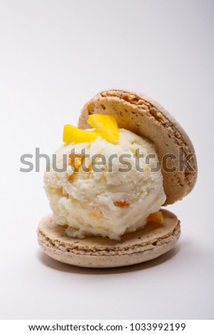 Vanilla ice cream and macaroon set on plate Royalty-Free Stock Photo #1033992199
