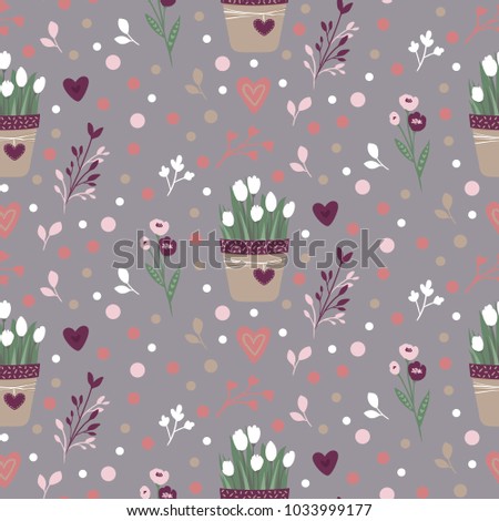 Happy Easter seamless pattern. Vector spring background. Spring flowers. Doodle style. Hand drawn design. Ideal for wrapping paper, cover, textile.