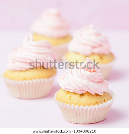 Cupcake decorated with pink buttercream on pastel pink background. Sweet beautiful mini cake. 