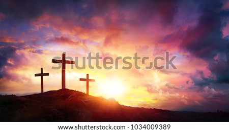 Crucifixion Of Jesus Christ  At Sunrise - Three Crosses On Hill
 Royalty-Free Stock Photo #1034009389