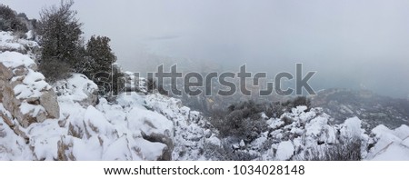 Beautiful Panoramic Aerial View of Monaco Under The Snow. Landscape of The French Riviera in Winter