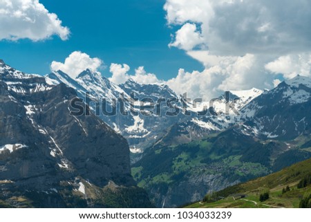 Spectacular view of the mountain Jungfrau and the four thousand meter peaks in the Bernese Alps from Greendeltwald valley, Switzerland Royalty-Free Stock Photo #1034033239