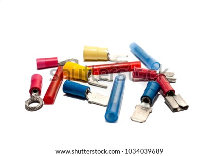 Electrical wire connector, Butt Splice connector, Ferrules, Fork Terminal, Pin Terminal, Ring Terminal, Wire Disconnect on white background. Royalty-Free Stock Photo #1034039689