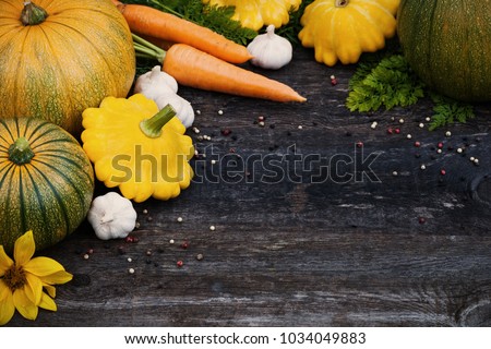 Fresh organic seasonal vegetables - pumpkin, squash, carrots on wooden background