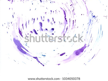 Violet watercolor circles of paint stains and splatter with splashes. Creative colorful watercolor design background for banner, print, template, cover, decoration