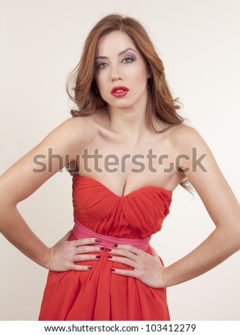  red head in red dress, white background