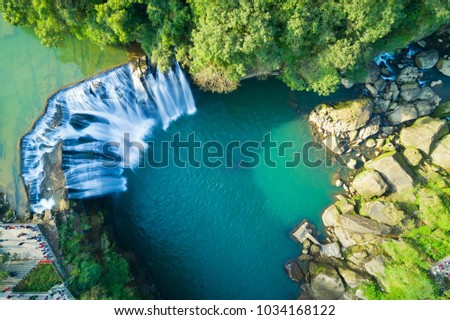 Shifen Waterfall Aerial View - Famous nature landscape of Taiwan, shot in Pingxi District, New Taipei, Taiwan.